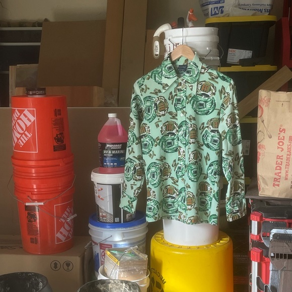 VNTG RETRO '70S WONDERKNIT L/S Brown & Celery-Green Button-Down - Picture 2 of 3